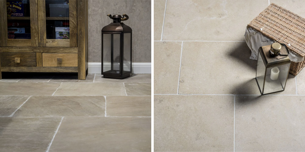 (Left) Tudor brushed sandstone floor tiles, (Right) Versailles tumbled limestone floor tiles